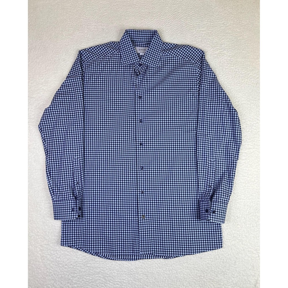 Eton Dress Shirt Mens 16 41 34/35 Blue‎ Gingham Contemporary MISSING BUTTON